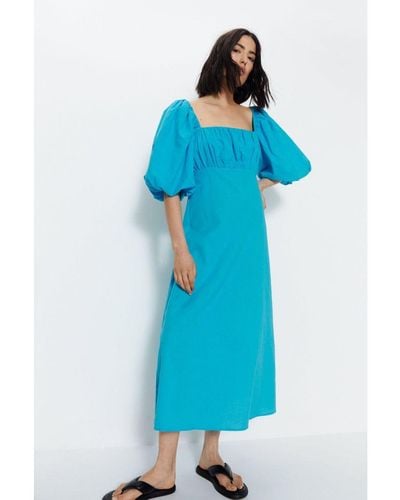 Warehouse Cotton Puff Sleeve Ruched Bodice Midi Dress - Blue