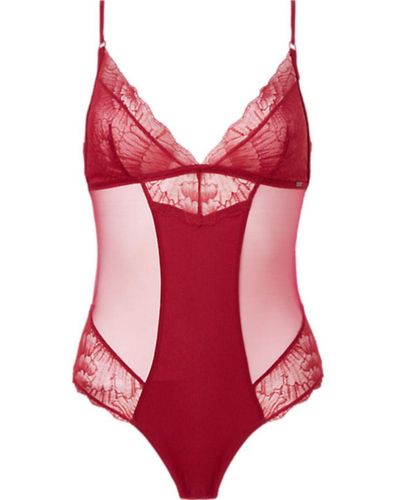 Calvin Klein 000qf6651e Ck Black Camellia Bodysuit Nylon - Red