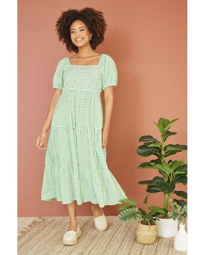 Yumi' Cotton Gingham Smock Puff Sleeve Midi Dress - Green