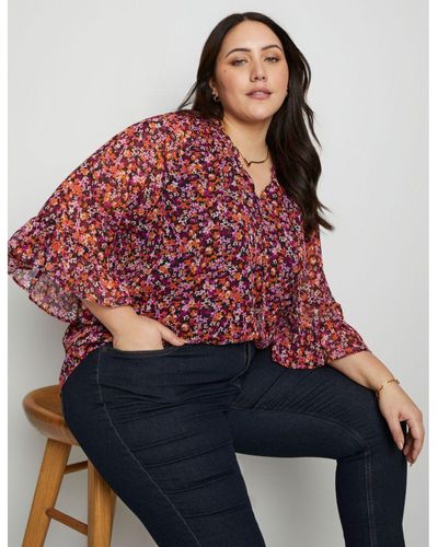 BeMe Short Sleeve Chiffon Printed Top - Plus Size - Red