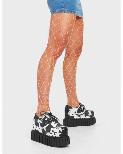 LAMODA Party Chunky Creeper Shoes W/ Lace Vegan Platform Heel, Cow Print - White