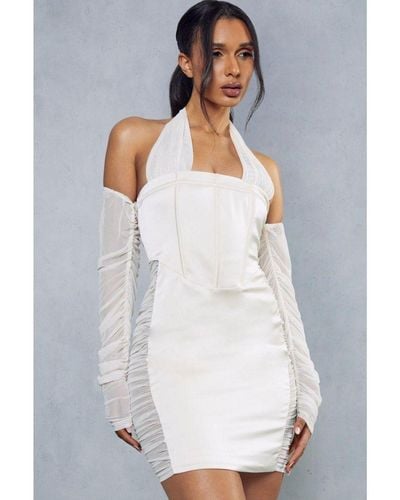 MissPap Premium Satin Corseted Mesh Insert Halterneck Dress - White
