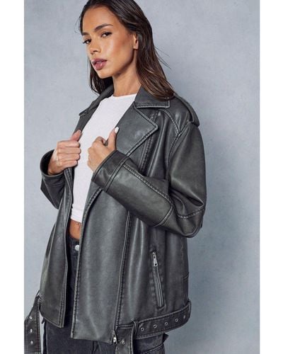 MissPap Distressed Leather Look Midi Biker Jacket - Grey