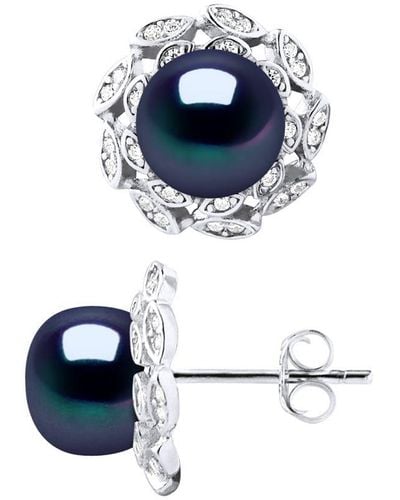 Diadema Stud Earrings Flower Beads Freshwater 8-9Mm Buttons Jewellery 925 - Blue