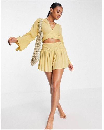 South Beach Chiffon Tie Front Top And Shorts Set In Yellow - White