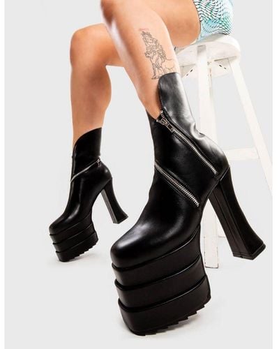 LAMODA Chunky Ankle Boots Pretend Game Round Toe Platform Heel With Zipper - Black