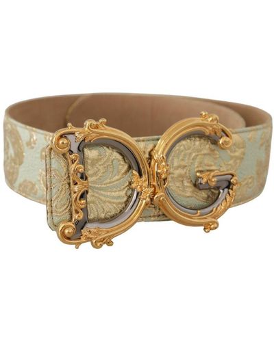 Dolce & Gabbana Green Wide Brocade Jacquard Dg Logo Gold Buckle Belt Leather - White