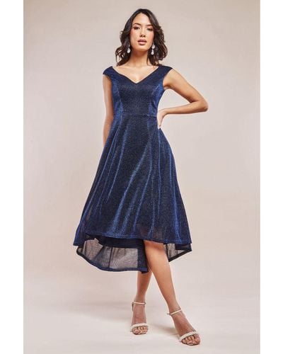Goddiva Off The Shoulder Lurex High Low Dress - Blue