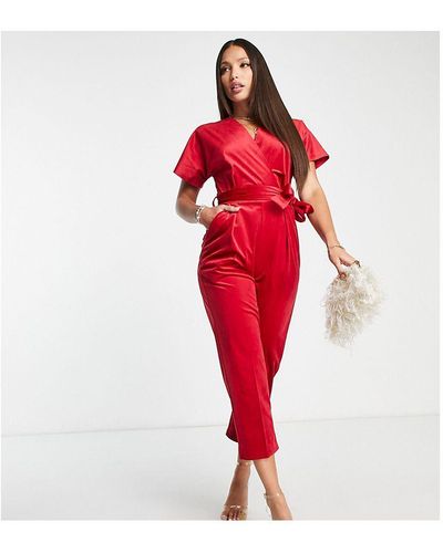 Closet Tall Velvet Wrap Jumpsuit - Red