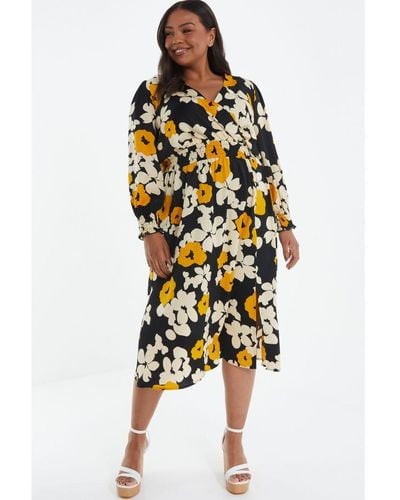 Quiz Curve Black Floral Wrap Midi Dress - Yellow