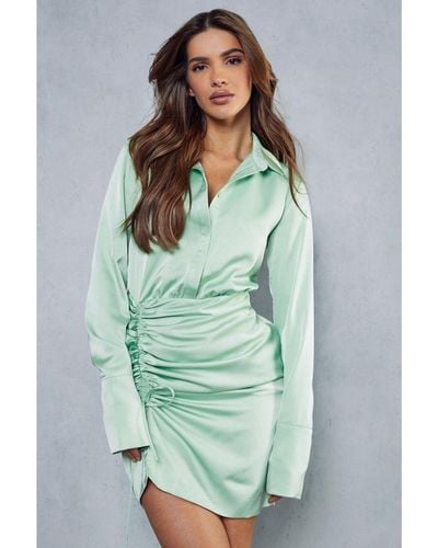 MissPap Satin Ruched Side Shirt Dress - Green