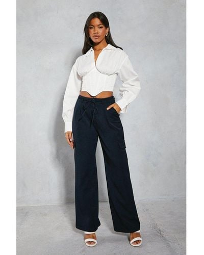 MissPap Tie Waist Pocket Relaxed Cargo Trousers - Blue