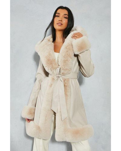 MissPap Faux Fur Leather Look Belted Midi Length Coat - Natural