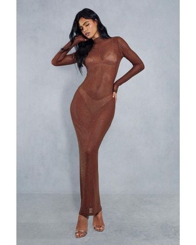 MissPap Premium Mesh Hot Fix High Long Sleeve Maxi Dress - Brown