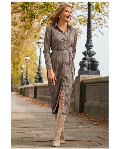 Sosandar Taupe Leather Look Plisse Shirt Dress With Belt - Metallic