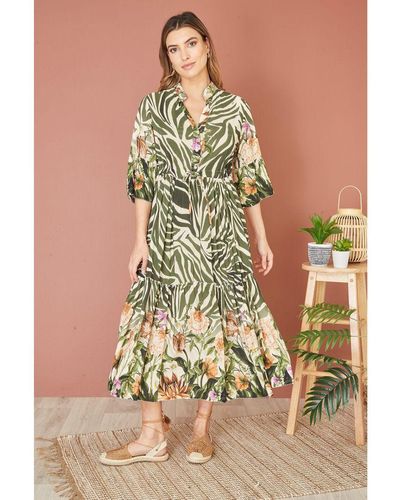 Yumi' Green Viscose Zebra And Floral Print Midi Dress