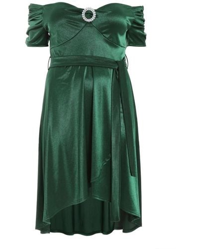 Quiz Curve Bottle Green Satin Dip Hem Midi Dress