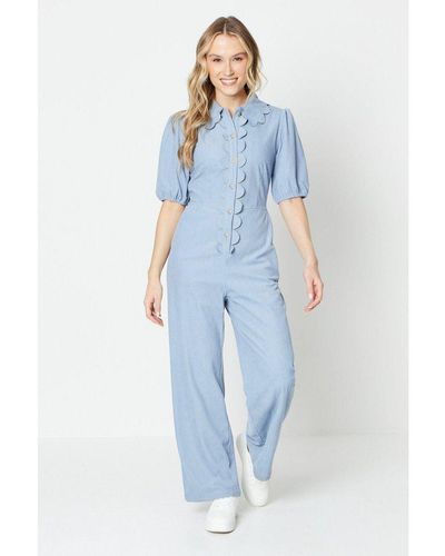 Oasis Cord Scallop Edge Collared Jumpsuit - Blue