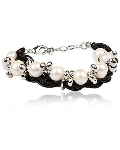 Blue Pearls Pearls Double Strands Leather And Pearl Bracelet - White