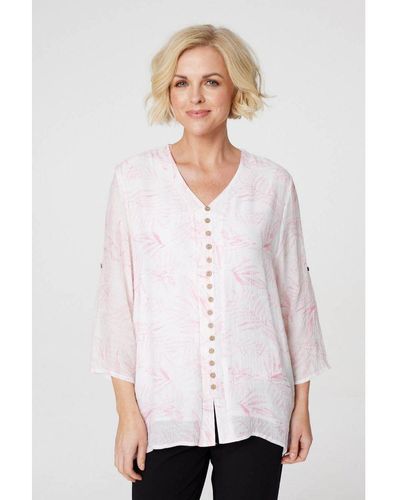 Izabel London Pink Leaf Print 3/4 Sleeve Relaxed Top Viscose - White