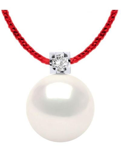 Diadema Diamond Necklace Natural 0.030 Cts En Freshwater Pearl Ronde 8-9 Mm Link Nylon Red 925 - Wit