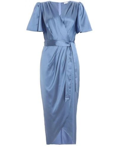 Quiz Satin Wrap Ruched Midi Dress - Blue