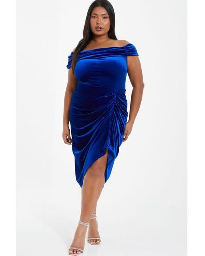 Quiz Curve Royal Velvet Ruched Midi Dress - Blue