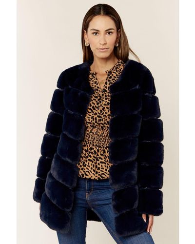 Gini London Diagonal Cut Faux Fur Long Sleeve Jacket - Blue