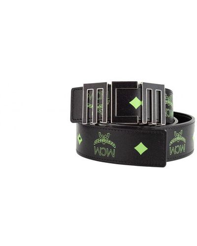 MCM Claus Summer Green Smooth Visetos Logo Leather Numeric Buckle Belt - Black