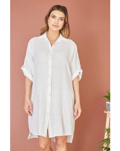 Yumi' Linen Relaxed Fit Longline Shirt - White