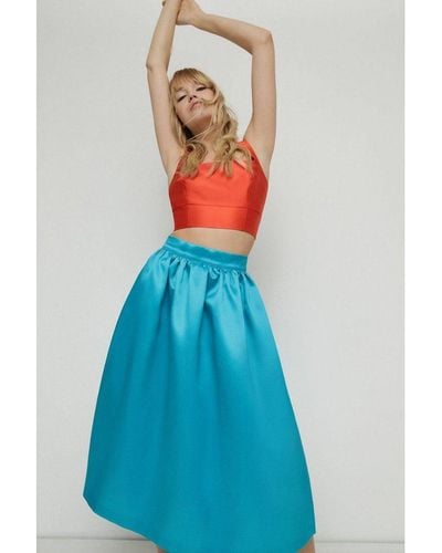 Warehouse Satin Twill Midi Full Skirt - Blue