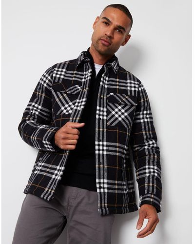 Threadbare 'Dudley' Brushed Cotton Check Overshirt With Quilted Lining - Black