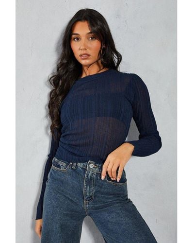 MissPap Sheer Knitted Ribbed Long Sleeve Top - Blue