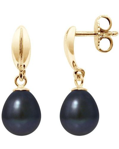 Blue Pearls Oorbellen Van Geelgoud (375/1000) Met Zwarte Zoetwaterparel. - Blauw