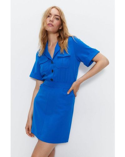 Warehouse Tailored Utility Detail Mini Shirt Dress - Blue