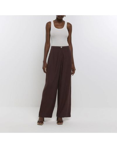 River Island Wide Leg Trousers Pleated With Linen Viscose - Brown