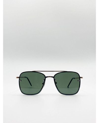SVNX Metal Frame Square Aviator Style Sunglasses - Green