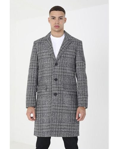 Brave Soul 'Augustine' Checked Single Breasted Formal Coat Polyester/Wool - Grey