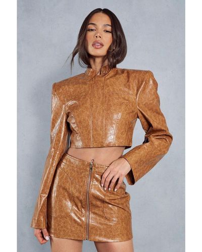 MissPap Crackled Leather Look Micro Mini Skirt - Brown