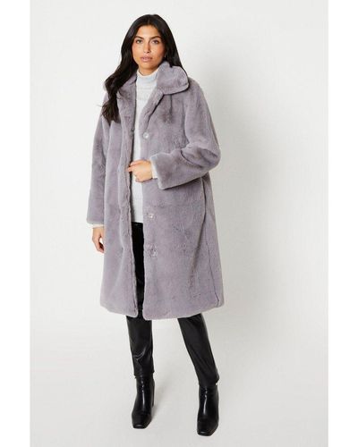 Wallis Plush Faux Fur Button Thru Longline Coat - Grey