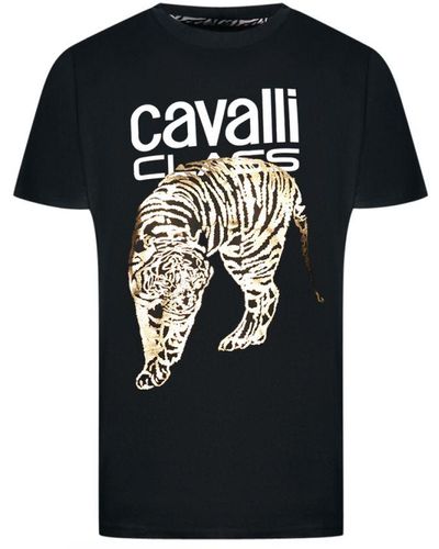 Class Roberto Cavalli Large Tiger Stencil Logo T-Shirt Cotton - Black