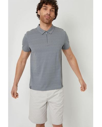 Threadbare 'Dion' Geometric Print Zip Collar Cotton Jersey Polo Shirt - Grey