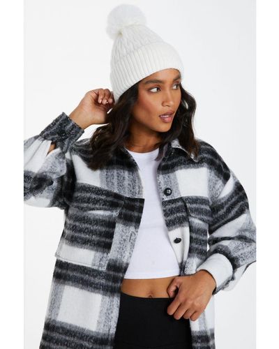 Quiz White Knitted Faux Fur Pom Hat - Grey