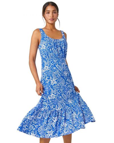 Roman Floral Frill Hem Stretch Midi Dress - Blue