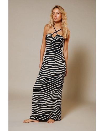 Warehouse Rayon Zebra Rope Halter Neck Maxi Dress - Natural