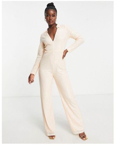 In The Style Exclusive Sequin Plunge Front Wide Leg Jumpsuit - White