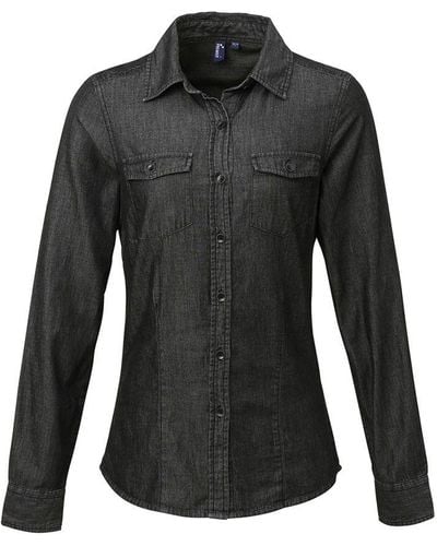 PREMIER Ladies Jeans Stitch Long Sleeve Denim Shirt ( Denim) - Black