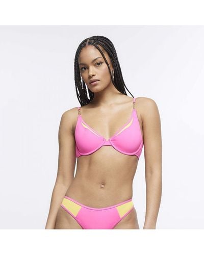 River Island Plunge Bikini Top Pink Mesh Detail