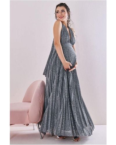 Goddiva Maternity Halter Sequin Lurex Maxi - Metallic