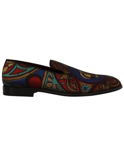 Dolce & Gabbana Multicolour Jacquard Crown Slippers Loafers Shoes Silk - Black